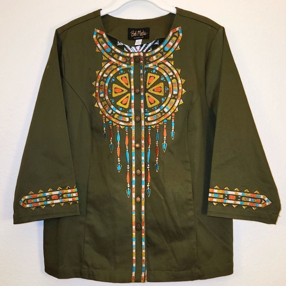 Bob Mackie Wearable Art Button Down 3/4 Sleeve Embroidered Dream Catcher Sz Lrg